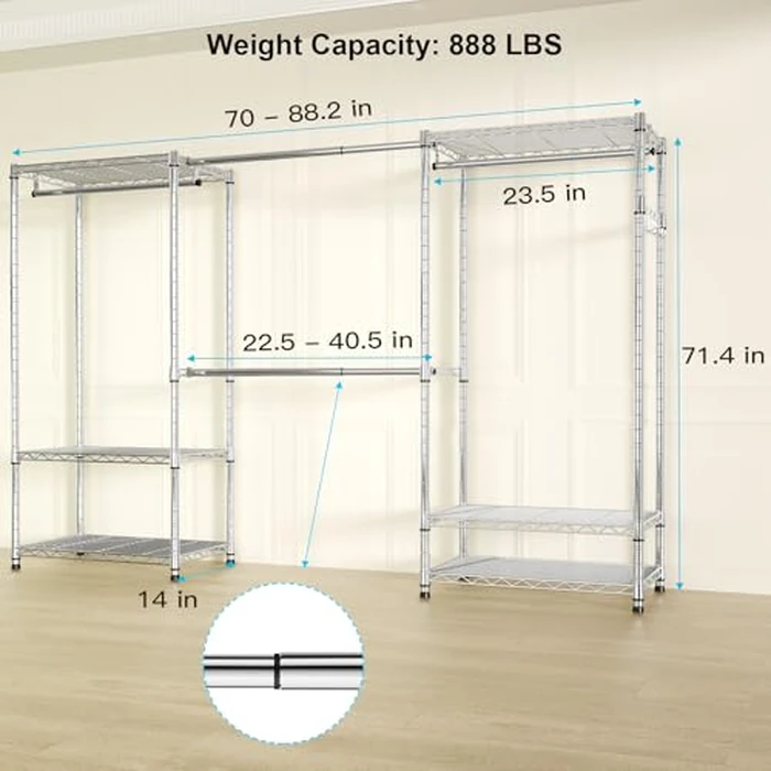 Ulif E1 Heavy Duty Closet Garment Rack, 6 Tiers Adjustable Metal Freestanding Expandable Clothing Storage with 4 Hanger Rods, Easy to Assemble Wardrobe, 71.4" H x (70" - 88.2") L x 14" D, Chrome by Ulif - Image 6