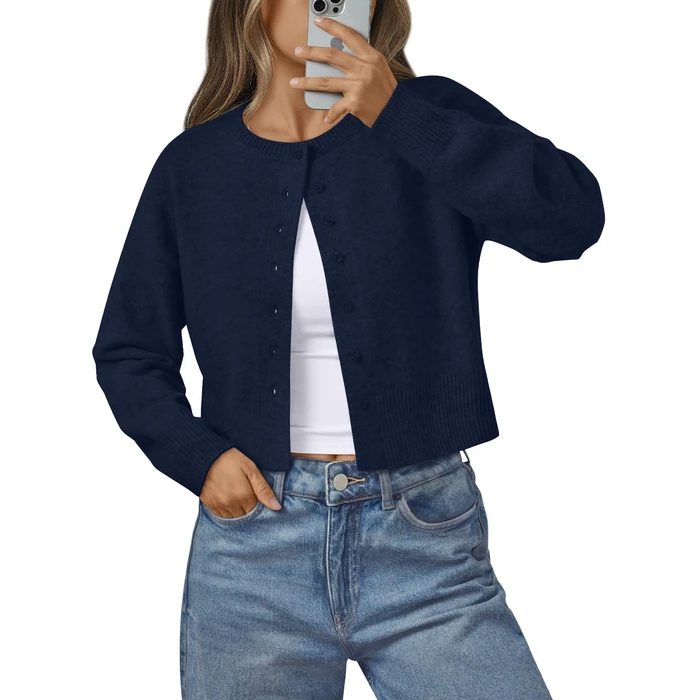 LILLUSORY Womens Cropped Cardigan Sweaters Lightweight Crop Knit Y2k Outfits Fashion Button Up Clothes Navy L by LILLUSORY - Used - Like New condition - US$35.14