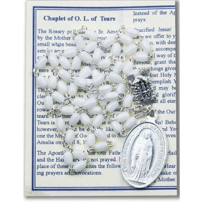 Birsppy Our Lady of Tears Deluxe Chaplet with White Oval Beads Packaged with a Laminated Holy Card & Instruction Pamphlet (Overall 6.5” X 3.5”) by O'Connor's - Image 1