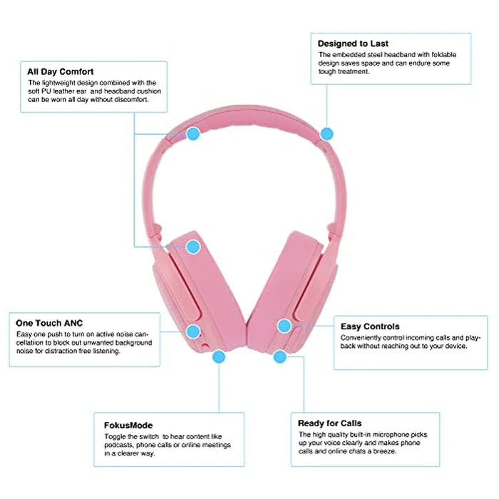 Made for Amazon, Active Noise Cancelling Bluetooth Headphones with Built-in Microphone | Pink by ONANOFF - Image 5