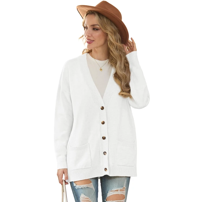 GRECERELLE Women's Sweaters Cardigan 2025 Fall Oversized Button Front Knit Outwear with Pockets White, M by GRECERELLE - Image 1