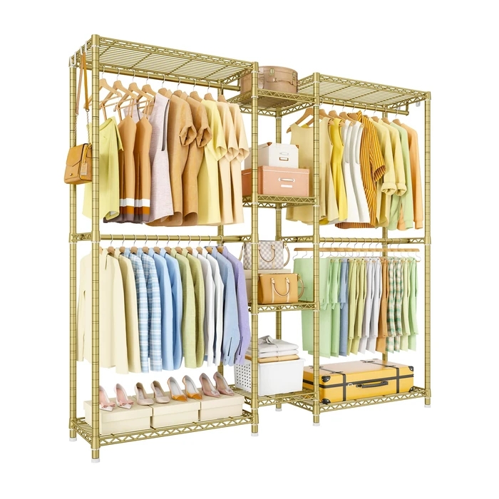 Ulif E4 Clothes Rack, Heavy-Duty Garment Rack, Metal Freestanding Clothing Organization Storage System Can Be L-Shaped with Shelves and Hangers, Max Load 962lbs, 71.6" W x 14.5" D x 79.3" H, Gold by Ulif - Used - Good condition