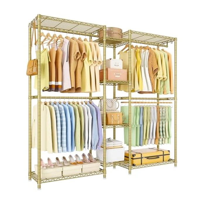 Ulif E4 Clothes Rack, Heavy-Duty Garment Rack, Metal Freestanding Clothing Organization Storage System Can Be L-Shaped with Shelves and Hangers, Max Load 962lbs, 71.6" W x 14.5" D x 79.3" H, Gold by Ulif - Image 2