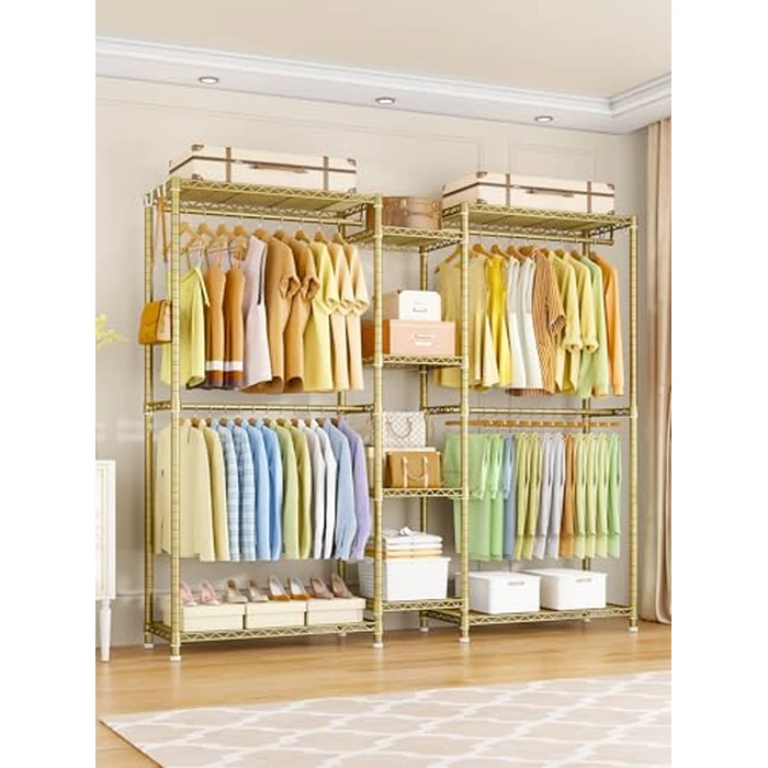 Ulif E4 Clothes Rack, Heavy-Duty Garment Rack, Metal Freestanding Clothing Organization Storage System Can Be L-Shaped with Shelves and Hangers, Max Load 962lbs, 71.6" W x 14.5" D x 79.3" H, Gold by Ulif - Image 5
