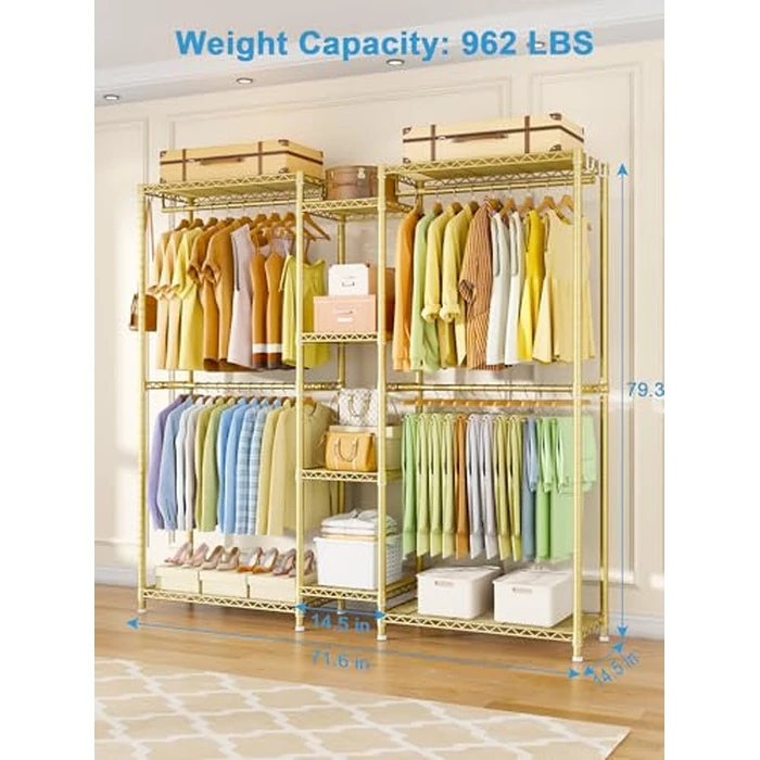 Ulif E4 Clothes Rack, Heavy-Duty Garment Rack, Metal Freestanding Clothing Organization Storage System Can Be L-Shaped with Shelves and Hangers, Max Load 962lbs, 71.6" W x 14.5" D x 79.3" H, Gold by Ulif - Image 8