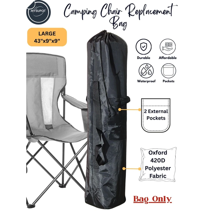 MYSUPOT 43"x9"x9" (Black, L) Replacement Bag for Folding Camping Chair, Camp Chairs, Hammock, Yoga Mat, Beach Chair, Umbrella, Tent Bag 420D Oxford Polyester Fabric w/Side Pockets by MYSUPOT - Image 2