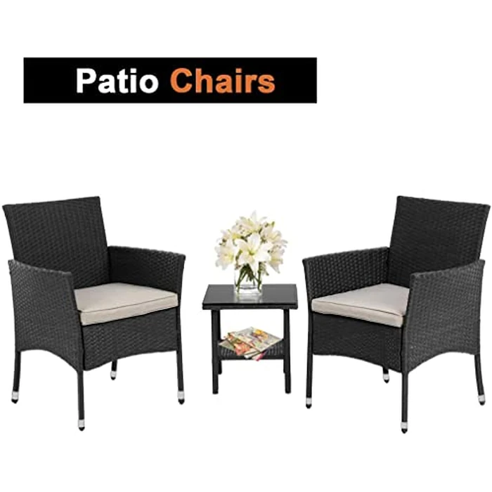 Patio Furniture Set 3 Piece Patio Chair Bistro Set Outdoor Rattan Chairs Wicker Conversation Set for Backyard Porch Poolside Lawn,Black by FDW - Image 2