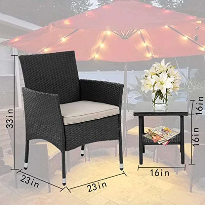 Patio Furniture Set 3 Piece Patio Chair Bistro Set Outdoor Rattan Chairs Wicker Conversation Set for Backyard Porch Poolside Lawn,Black by FDW - Image 7