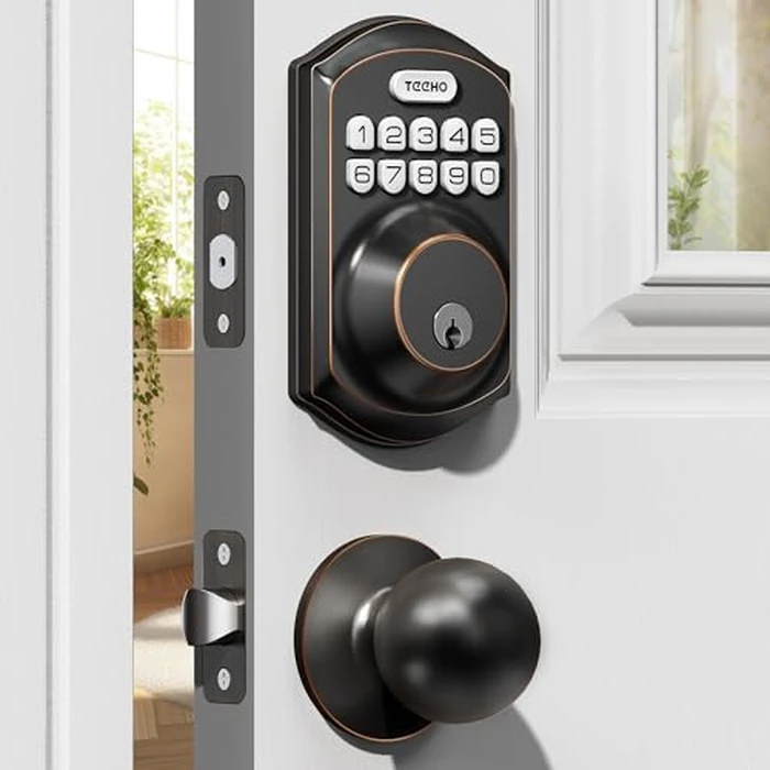 TEEHO TE001K Keyless Entry Door Lock with Handle, Electronic Keypad Deadbolt with 2 Knobs, High-Security Front Door Handle Set for Home & Rental, Smart Auto-Locking, Easy Install, Oil-Rubbed Bronze by TEEHO - Used - Like New condition
