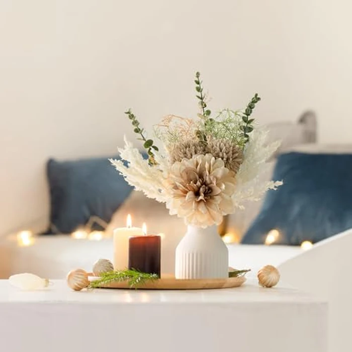 Mkono Small Artificial Flowers in Ceramic Vase 12.5" Centerpieces Coffee Table Decor, Silk Flower Arrangements for Home Decor Indoor Fake Flower Bouquet for Bathroom Dining Room Kitchen Wedding Brown by Mkono - Image 2