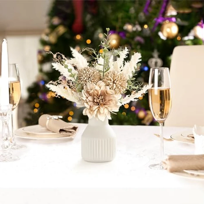 Mkono Small Artificial Flowers in Ceramic Vase 12.5" Centerpieces Coffee Table Decor, Silk Flower Arrangements for Home Decor Indoor Fake Flower Bouquet for Bathroom Dining Room Kitchen Wedding Brown by Mkono - Image 3