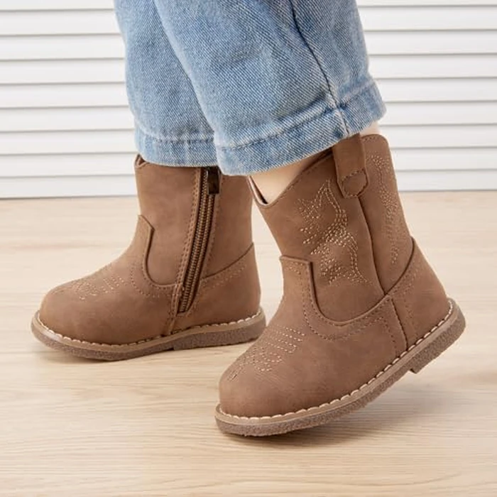 BMCiTYBM Baby Cowboy Cowgirl Boots Infant Western Boots Toddler Boys Girls Round Toe Riding Mid Calf Boots All Seasons for 6 9 12 18 24 Months Brown Size 5 Toddler by BMCiTYBM - Image 2