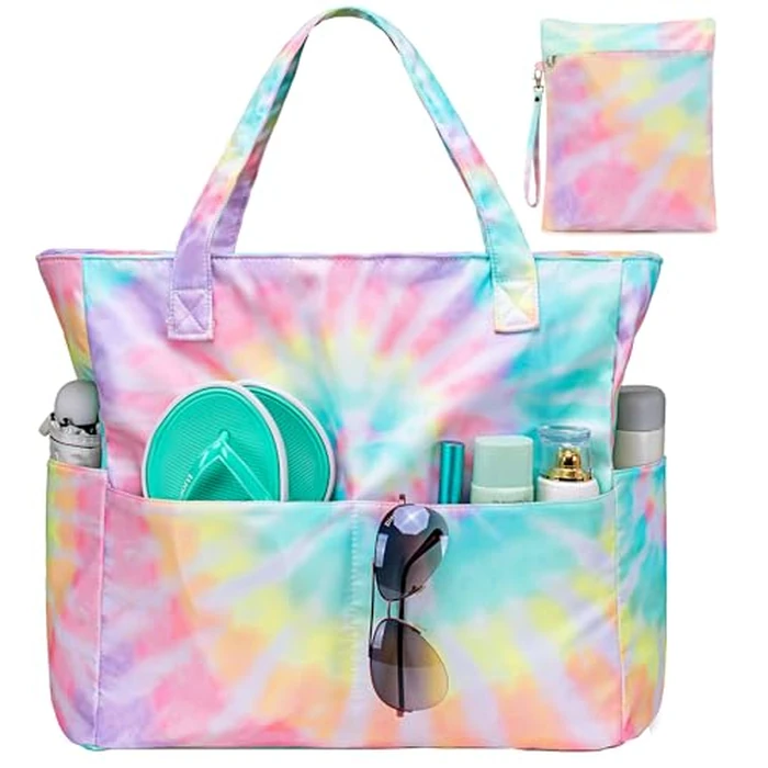 CAMTOP Waterproof Beach Tote Bag for Women Girls with Zipper Foldable Sandproof Pool Swim Bag Travel Carry On Gym (Z-2pcs 2-Tie Dye) by CAMTOP - Used - Very Good condition - US$23.21