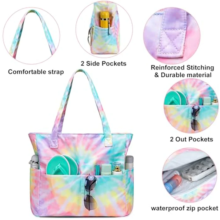 CAMTOP Waterproof Beach Tote Bag for Women Girls with Zipper Foldable Sandproof Pool Swim Bag Travel Carry On Gym (Z-2pcs 2-Tie Dye) by CAMTOP - Image 7