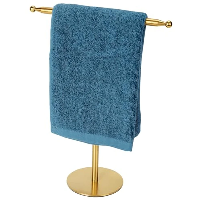 Gold Hand Towel Holder Stand for Bathroom Vanity Countertop Stainless Steel T-Shape Free Standing Towel Rack Stand Towel Bar for Bathroom Kitchen (Gold) by exilon - Image 1