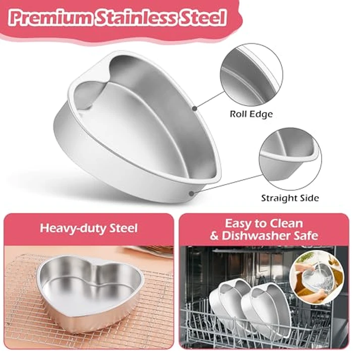 E-far 6 Inch Heart Cake Pan, 2Pcs Stainless Steel Small Heart Shaped Cake Mold, Cake Tin Baking Pan for Valentine's Day Anniversaries Wedding, Non-Toxic & Dishwasher Safe by E-far - Image 3