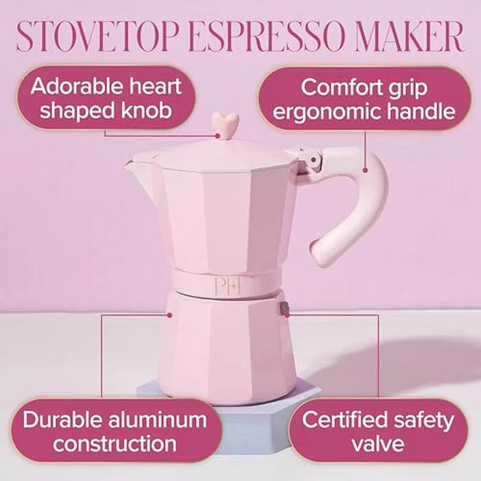 Paris Hilton Stovetop Espresso and Coffee Maker, Italian & Cuban Style Coffee Pot with Iconic Heart Knob, Perfect for Rich Aromatic Espresso, Makes up to 6 Espresso Cups, Pink by Paris Hilton - Image 3