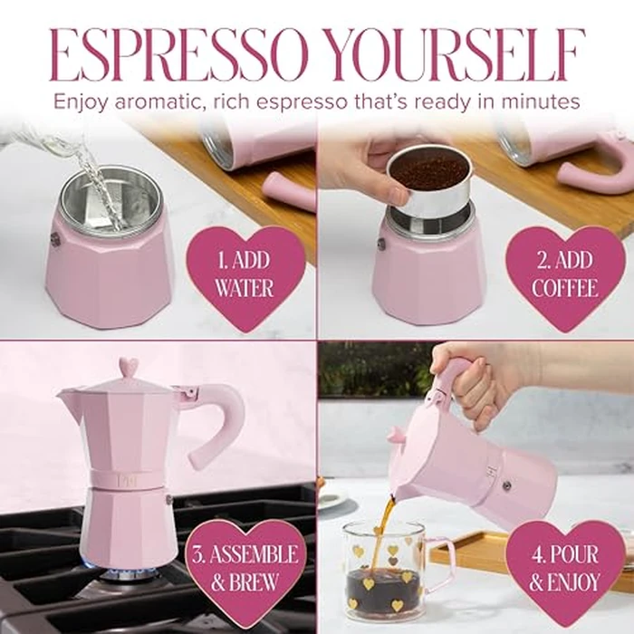 Paris Hilton Stovetop Espresso and Coffee Maker, Italian & Cuban Style Coffee Pot with Iconic Heart Knob, Perfect for Rich Aromatic Espresso, Makes up to 6 Espresso Cups, Pink by Paris Hilton - Image 6