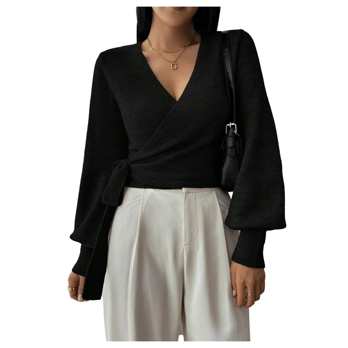 SOLY HUX Women's Long Sleeve V Neck Wrap Belted Sweater Elegant Office Knitted Crop Tops Fall Outfits Plain Black Medium by SOLY HUX - Image 1