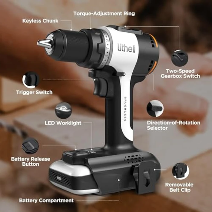 Litheli Cordless Drill Driver, Brushless Electric Power Drill with 2 Variable Speed, 1/2 Inch Keyless Chuck, 17+1 Clutch Settings with Maximum Torque of 530 In-lbs (Battery and Charger not Included) by LiTHELi - Image 7