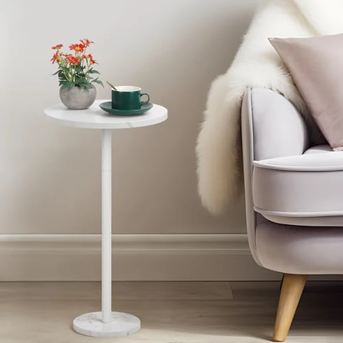 OYEAL Round Side Table Ourdoor Small Pedestal Side Table with Marble Base Modern White Drink Table for Small Spaces Living Room Bedroom Patio, 12.6" L x 12.6" W x 24.6" H by OYEAL - Used - Acceptable condition - CA$17.13