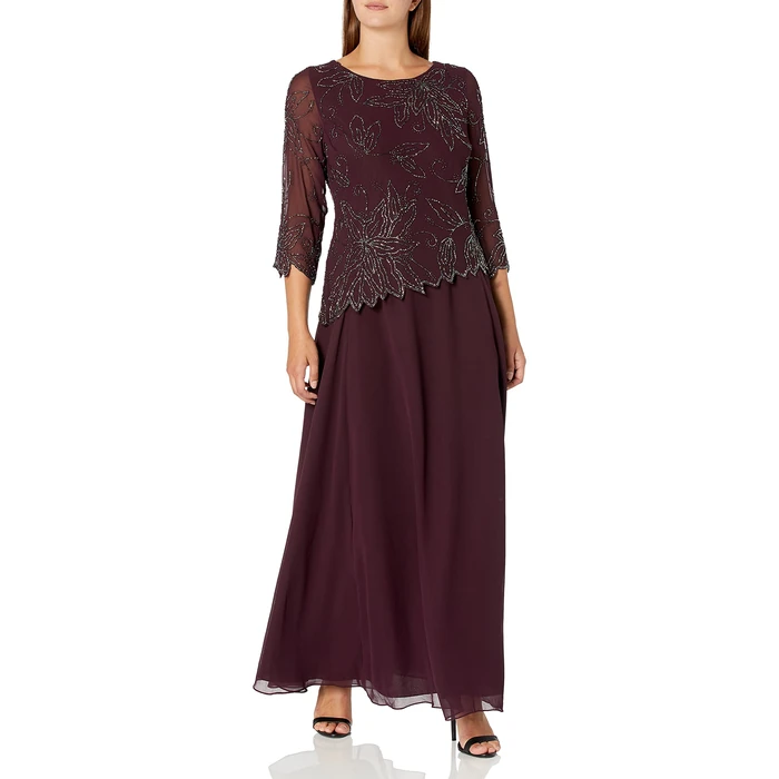 J Kara Women's Petite Petite Floral Beaded Gown Dress, Wine/Shaded/Mercury, 12P by J Kara - Used - Like New condition - US$51.08