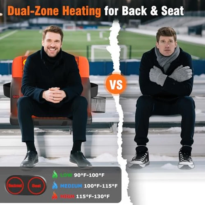 Suteck 2 pcs Dual-Sided Heated Stadium Seats for Bleachers with Back Support, 25" Portable Heated Bleacher Seat with Backrest, 3 Heat Levels, 5 Pockets - Ideal for Outdoor Stadiums and Events - Orange by Suteck - Image 3