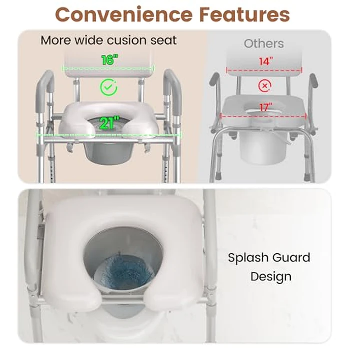 SOUNDFUSE Bedside Commode Chair with Padded Seat and Backrest, Aluminum Dual-Crossbar, Height Adjustable, Portable Toilet for Seniors and Adults, Potty Bucket and Splash Guard, 350 lbs Weight Capacity by soundfuse - Image 7