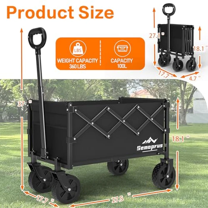 Wagons Carts Foldable, 360LBS Folding Utility Heavy Duty Wagon Cart with Wheels, 100L Portable Utility Outdoor Wagon for Shopping, Beach, Camping, Sports, Garden by COZEER - Image 2