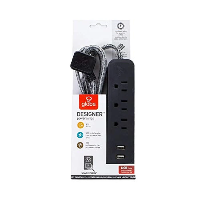 Globe Electric 78249 6ft 3-Outlet USB Surge Protector Power Strip, 2X USB Ports, 2.4 Amps Combined, Black Finish, Right Angle Plug, Compatible with All Charging Devices, Electronic Accessories by Globe Electric - Image 2