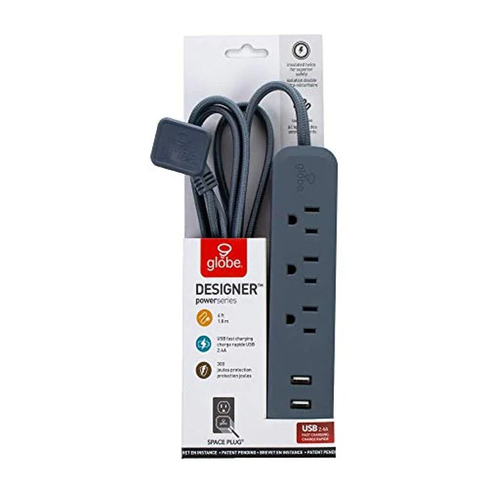 Globe Electric 78249 6ft 3-Outlet USB Surge Protector Power Strip, 2X USB Ports, 2.4 Amps Combined, Black Finish, Right Angle Plug, Compatible with All Charging Devices, Electronic Accessories by Globe Electric - Image 6