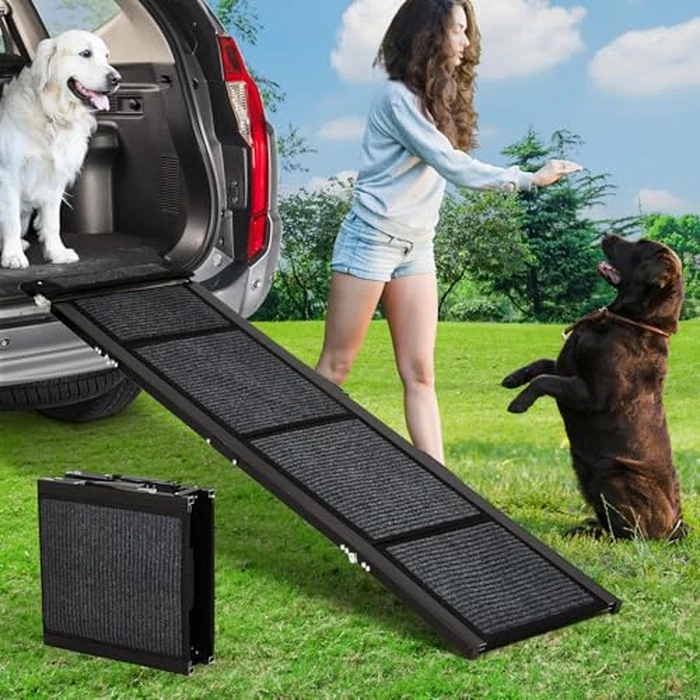 Extra Long Dog Car Ramp, Folding Dog Ramp with Side Handles, Non-Slip Pet Stairs Ramp for Large Dogs to Get Into a Car, SUV, Truck & Outdoor Steps (63" L x 17" W) by WildVenture - Used - Very Good condition - CA$83.94
