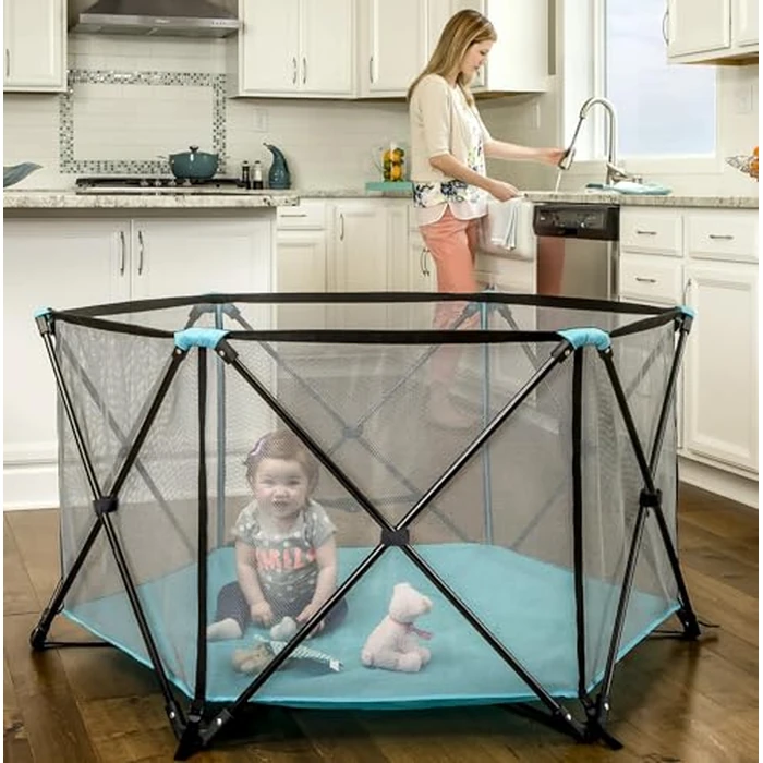 Regalo Safety My Play Portable Baby Playpen & Play Yard, Foldable 6-Panel Indoor Outdoor Playpen for Babies & Toddlers, Mesh Sides, Washable Fabric, 48”, Aqua/Black by Regalo - Used - Very Good condition - US$50.39
