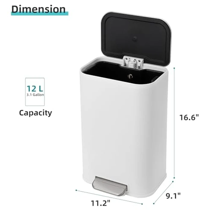 Joankaren 3.2 Gallon Stainless Steel Trash Can - Rectangular Kitchen Garbage Bin with Soft-Close Lid, Foot Pedal & Removable Inner Bucket for Office, Bathroom, Living Room (White) by JoanKaren - Image 6