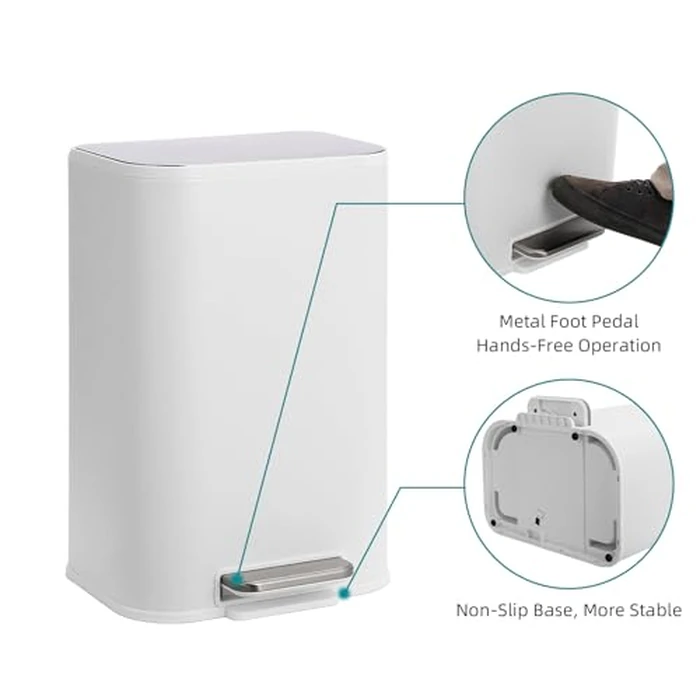 Joankaren 3.2 Gallon Stainless Steel Trash Can - Rectangular Kitchen Garbage Bin with Soft-Close Lid, Foot Pedal & Removable Inner Bucket for Office, Bathroom, Living Room (White) by JoanKaren - Image 7