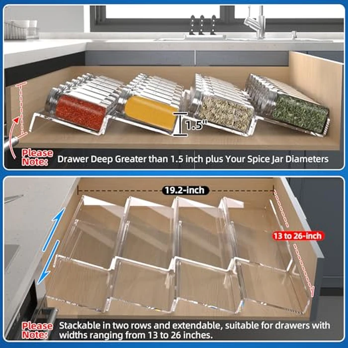 MIUKAA Clear Acrylic Spice Drawer Organizer, 4 Tier- 2 Set Expandable From 13" to 26" Drawer Seasoning Organizer, Kitchen Spice Rack Tray for Drawer/Countertop (Jars not included) by MIUKAA - Image 3