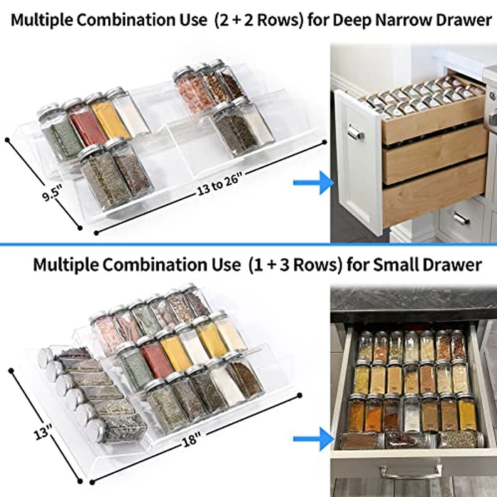 MIUKAA Clear Acrylic Spice Drawer Organizer, 4 Tier- 2 Set Expandable From 13" to 26" Drawer Seasoning Organizer, Kitchen Spice Rack Tray for Drawer/Countertop (Jars not included) by MIUKAA - Image 5