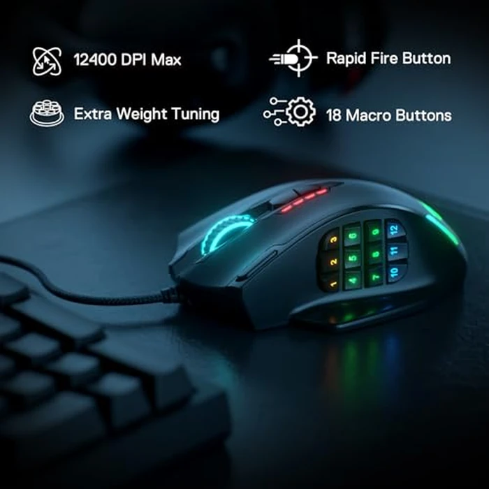 Redragon M908 Impact RGB LED MMO Gaming Mouse with 12 Side Buttons, Optical Wired Ergonomic Mouse with Max 12,400DPI, High Precision, 18 Programmable Macro Shortcuts, Comfort Grip by Redragon - Image 2
