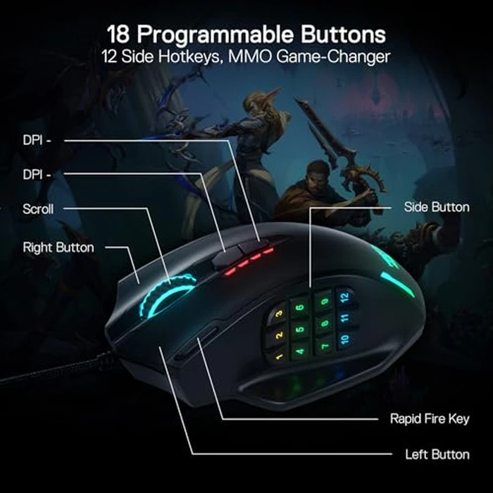 Redragon M908 Impact RGB LED MMO Gaming Mouse with 12 Side Buttons, Optical Wired Ergonomic Mouse with Max 12,400DPI, High Precision, 18 Programmable Macro Shortcuts, Comfort Grip by Redragon - Image 4