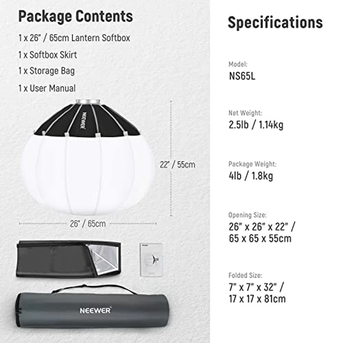NEEWER 26"/65cm Lantern Softbox One Step Quick Release, 360 degrees Lighting Diffuser with Skirt, Bowens Mount for Video Light CB60B CB100C Compatible with Aputure Light 600d Amaran 60x Godox SL60W, NS65L by NEEWER - Image 8