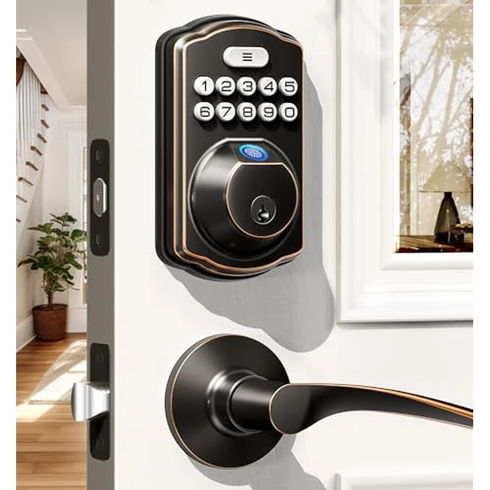 Veise Fingerprint Door Lock with 2 Lever Handles - Keyless Entry Door Lock, Electronic Keypad Deadbolt, Digital Smart Code & Front Handle Sets, Auto-Locking, Easy Installation, Oil Rubbed Bronze by Veise - Image 1