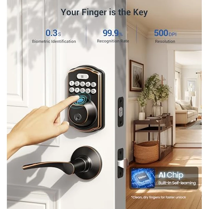 Veise Fingerprint Door Lock with 2 Lever Handles - Keyless Entry Door Lock, Electronic Keypad Deadbolt, Digital Smart Code & Front Handle Sets, Auto-Locking, Easy Installation, Oil Rubbed Bronze by Veise - Image 2