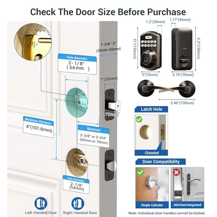 Veise Fingerprint Door Lock with 2 Lever Handles - Keyless Entry Door Lock, Electronic Keypad Deadbolt, Digital Smart Code & Front Handle Sets, Auto-Locking, Easy Installation, Oil Rubbed Bronze by Veise - Image 9