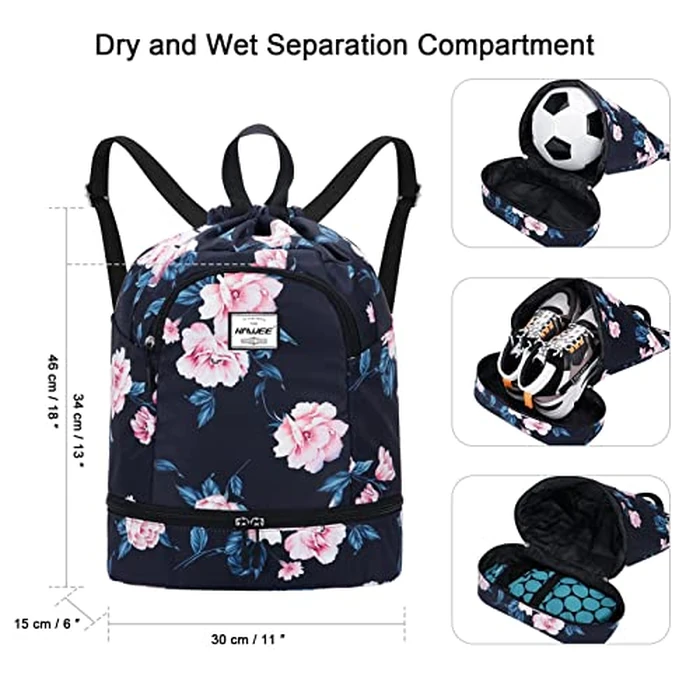 HAWEE Dry Wet Drawstring Backpack with Shoe Compartment for Women and Men Waterproof Yoga String Bag Outdoor Sports Rucksack for Gym/Beach/Swim Pool, Peony by HAWEE - Image 2