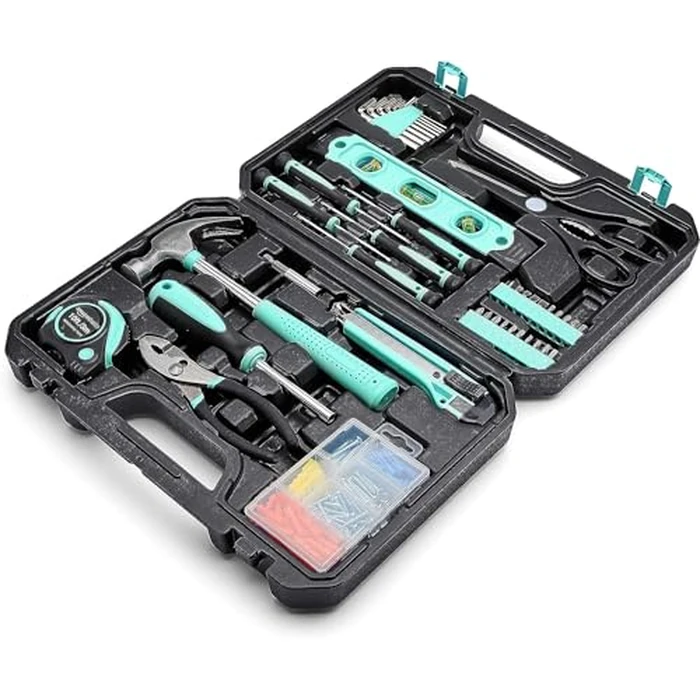Amazon Basics 142-Piece Household Tool Kit for Home Repair, Hand Tools with Storage Case, 13.39 x 9.25 x 2.95 inch, Turquoise by Amazon Basics - Used - Like New condition