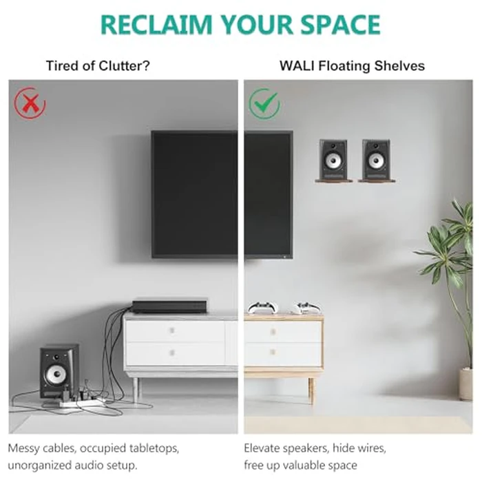 WALI Speaker Wall Mount, Heavy Duty Bookshelf Speaker Floating Wall Shelf, Surround Sound Speakers Stand for Living Room, Home Theater and Gaming Room, Holds up to 25kg/55lbs, (SWM302), 1 Pair, Wood by WALI - Image 4