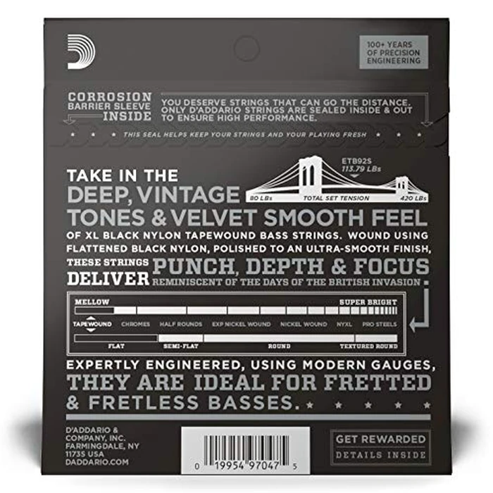 D'Addario Bass Guitar Strings, Tapewound Black Nylon, ETB92S, Short Scale, Medium Gauge 50-105, 4-String Set, Pack of 1 by D'Addario - Image 3