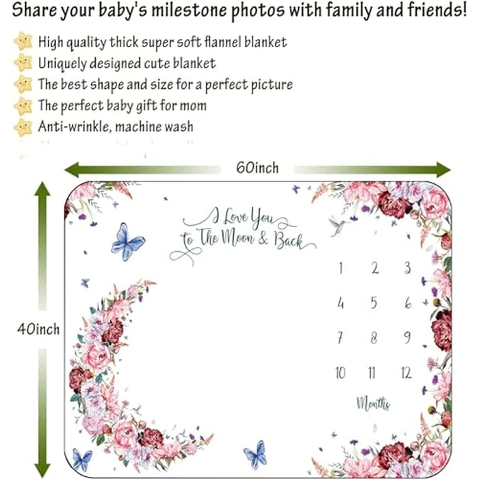 Jonnick Baby Monthly Milestone Blanket, Cute Photo Background - Flowers & Butterflies, Gender Neutral for Newborns 40x60in (Flower Moon) by Jonnick - Image 2