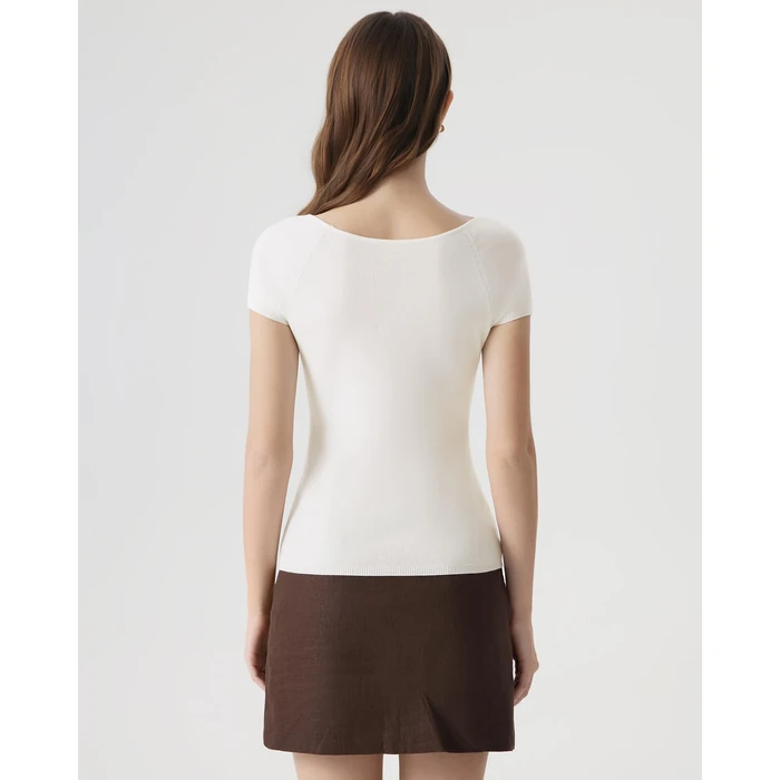 SUUKSESS Women Silk Cashmere Blend Short Sleeve Pullover Sweater Wide V Neck Tops Business Casual (White, M) by SUUKSESS - Image 2