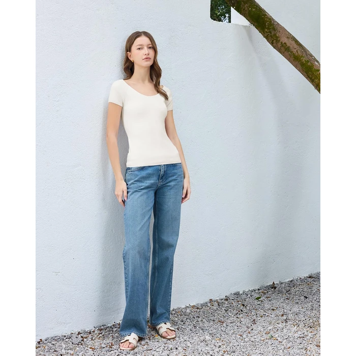 SUUKSESS Women Silk Cashmere Blend Short Sleeve Pullover Sweater Wide V Neck Tops Business Casual (White, M) by SUUKSESS - Image 3